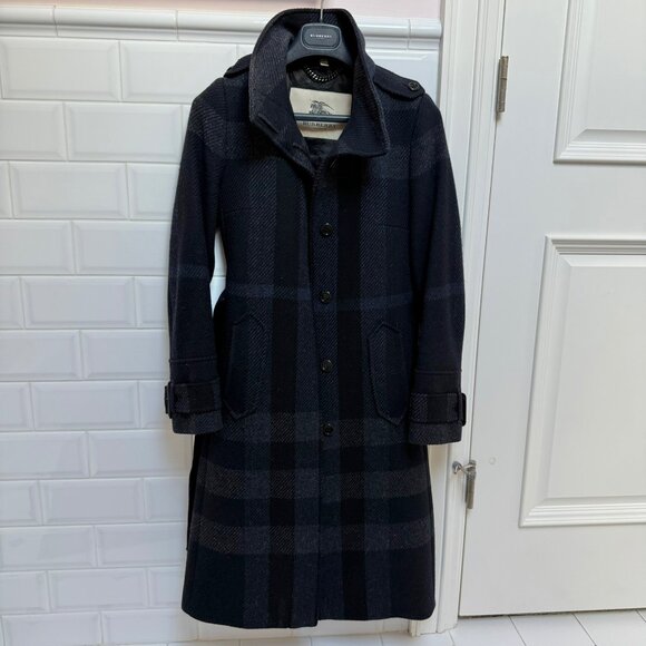 Burberry Long Wool Coat Black Navy Gray Belted Stand Collar Size 4 - Picture 2 of 8